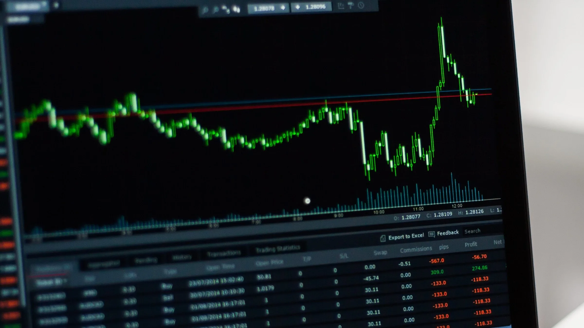 Courbe de cours de Bourse en vert sur l’écran noir d’un ordinateur portable, avec un tableau de chiffres en dessous